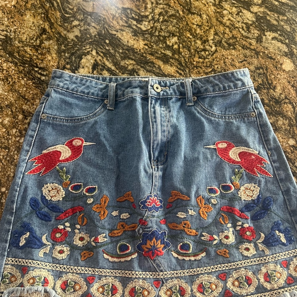 Umgee Denim Skirt with Red and Blue Embroidery